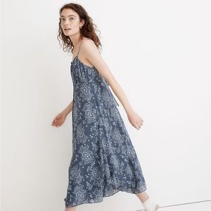 Madewell Dusty Blue‎ Archival Floral Tie-Back Button Front Midi Dress in Size 0